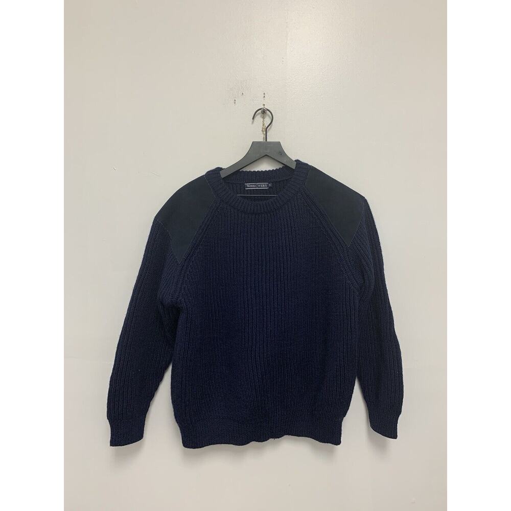 Woolovers Fisherman Knit Wool Sweater With Suede Elbow Pads XL Blue